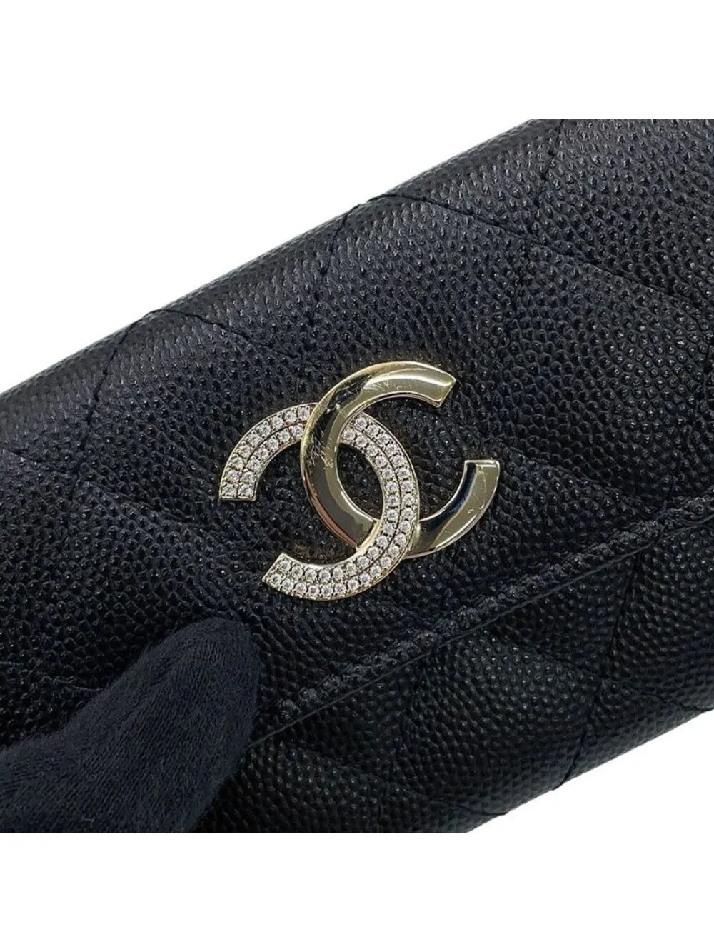 Chanel Card Case Quilted CC Logo Caviar Leather Rhinestone Business Black